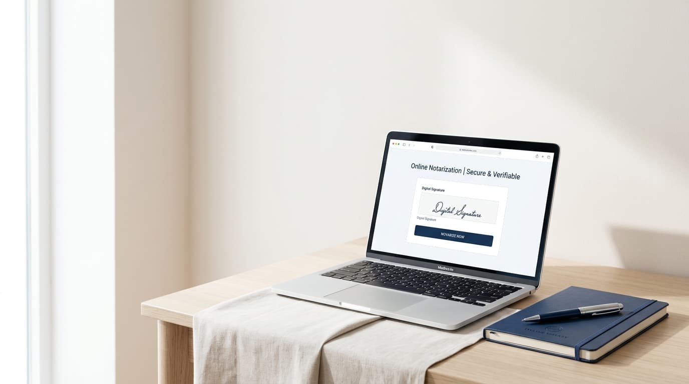 Laptop displaying an online notarization page beside a notebook and pen on a desk